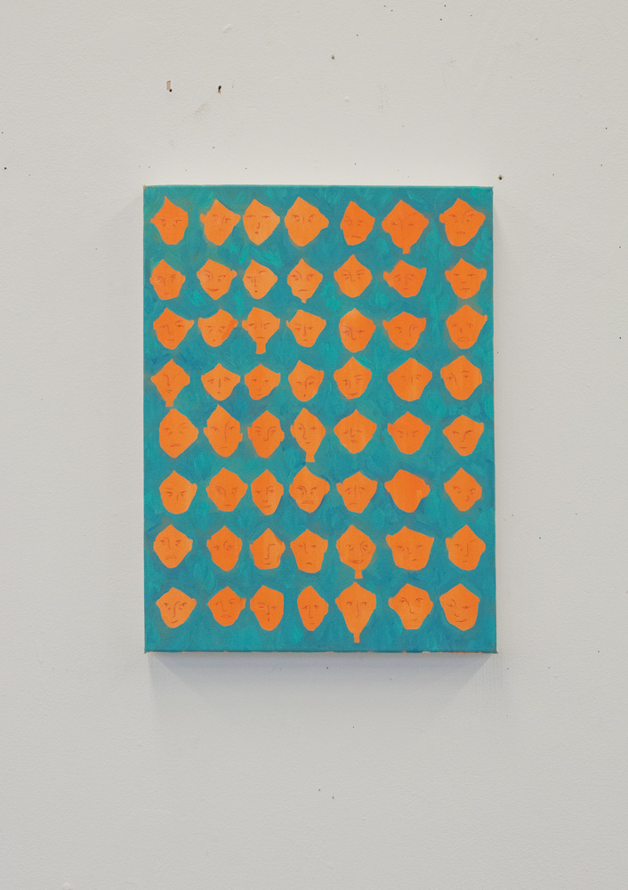Painting of a grid of orange organic shapes floating in front of a solid teal background.